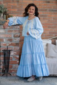 Fusta maxi din bumbac  bleu deschis cu volane bogate  stil boho