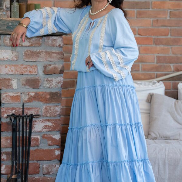 Fusta maxi din bumbac  bleu deschis cu volane bogate  stil boho - IIANA