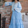 Fusta maxi din bumbac  bleu deschis cu volane bogate  stil boho - IIANA