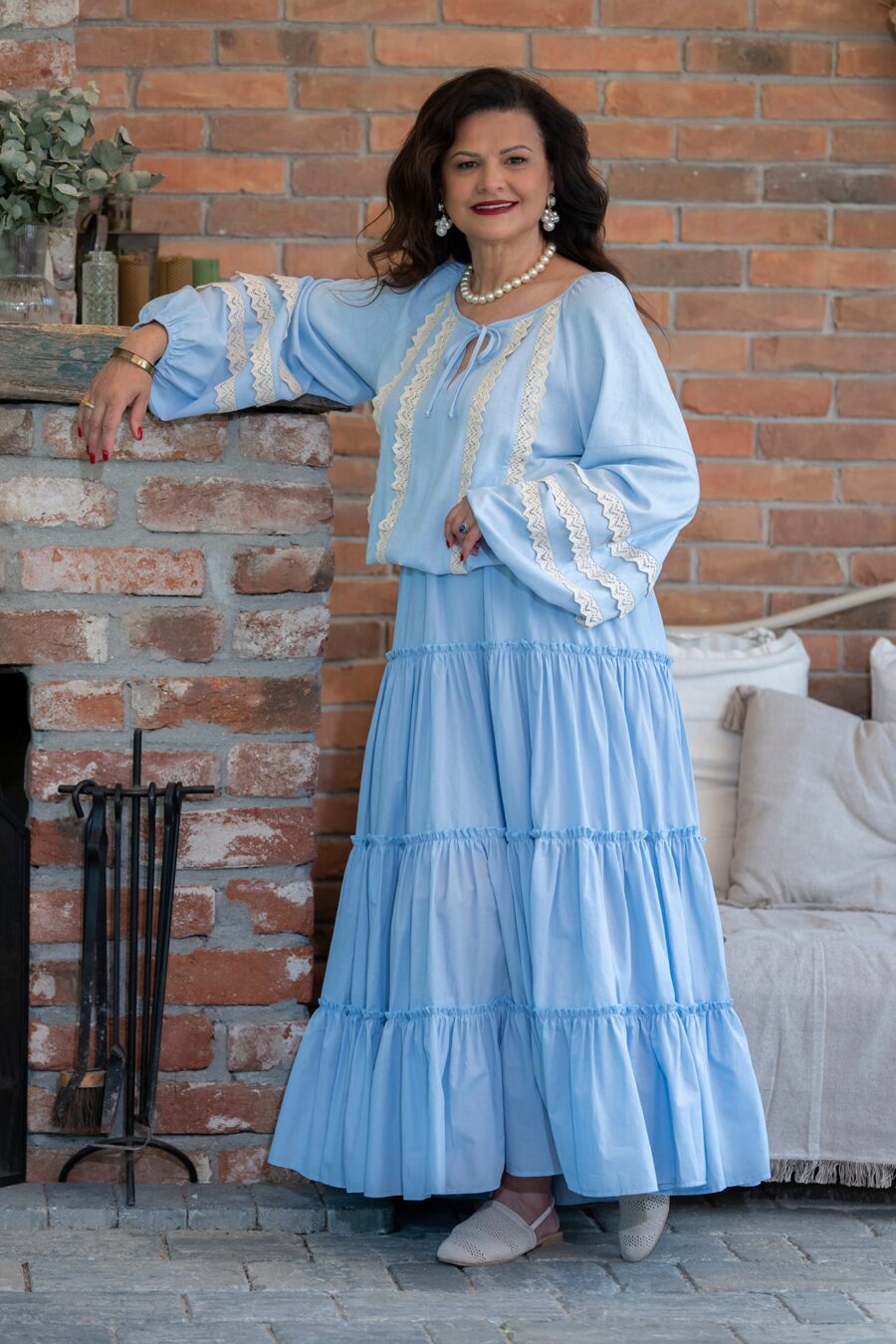Fusta maxi din bumbac  bleu deschis cu volane bogate  stil boho - IIANA