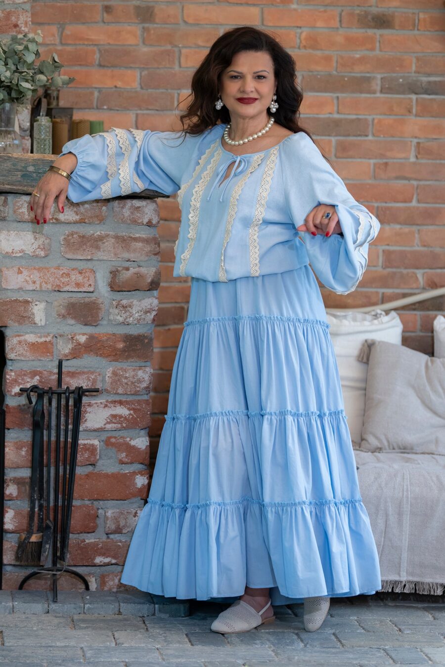 Fusta maxi din bumbac  bleu deschis cu volane bogate  stil boho - IIANA