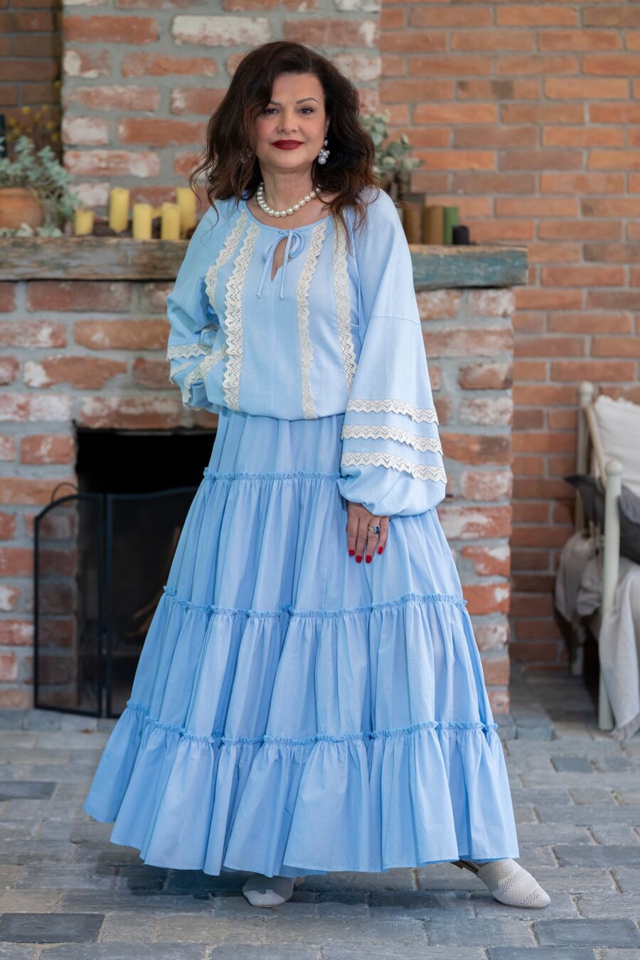 Fusta maxi din bumbac  bleu deschis cu volane bogate  stil boho - IIANA