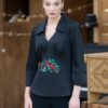 Cămașa neagră din poplin cu jacquard etnic țesut cu motive florale - IIANA