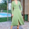 Rochia Kira din tricot verde mentă cu nasturi tip perlă - IIANA