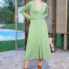 Rochia Kira din tricot verde mentă cu nasturi tip perlă - IIANA