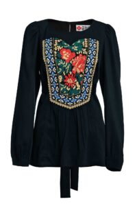 Bluza românească  cu corset din jacquard țesut cu motive florale și geometrice