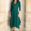 Rochia verde din jerseu cu guler și jacquard floral - IIANA