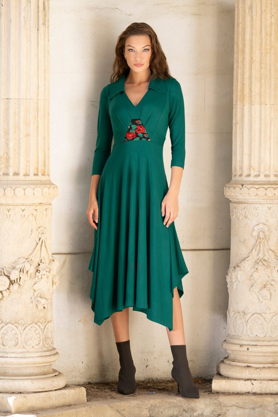 Rochia verde din jerseu cu guler și jacquard floral - IIANA