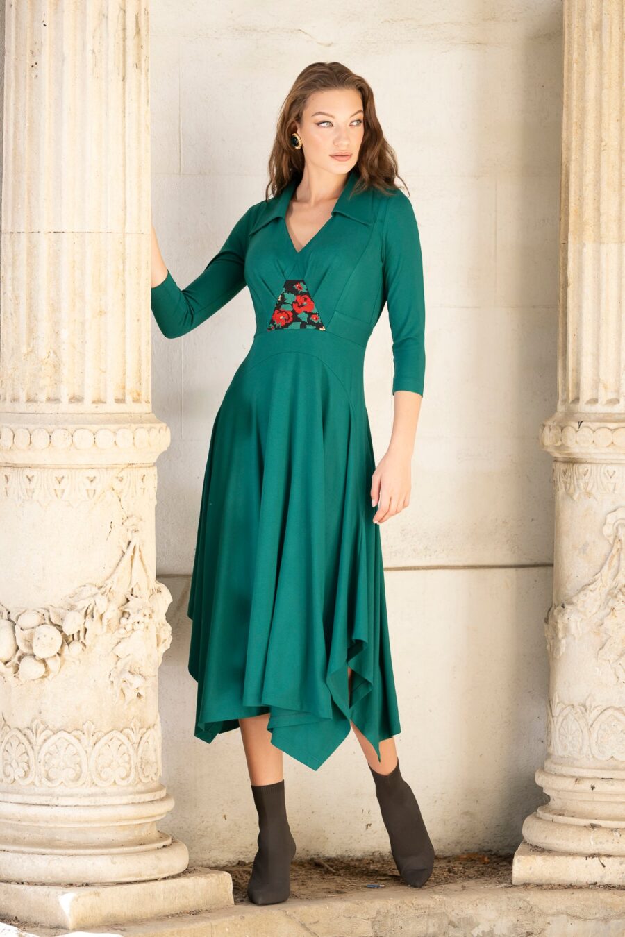 Rochia verde din jerseu cu guler și jacquard floral - IIANA