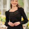 Cămașa românească neagră cu dantelă tradițională din bumbac - IIANA