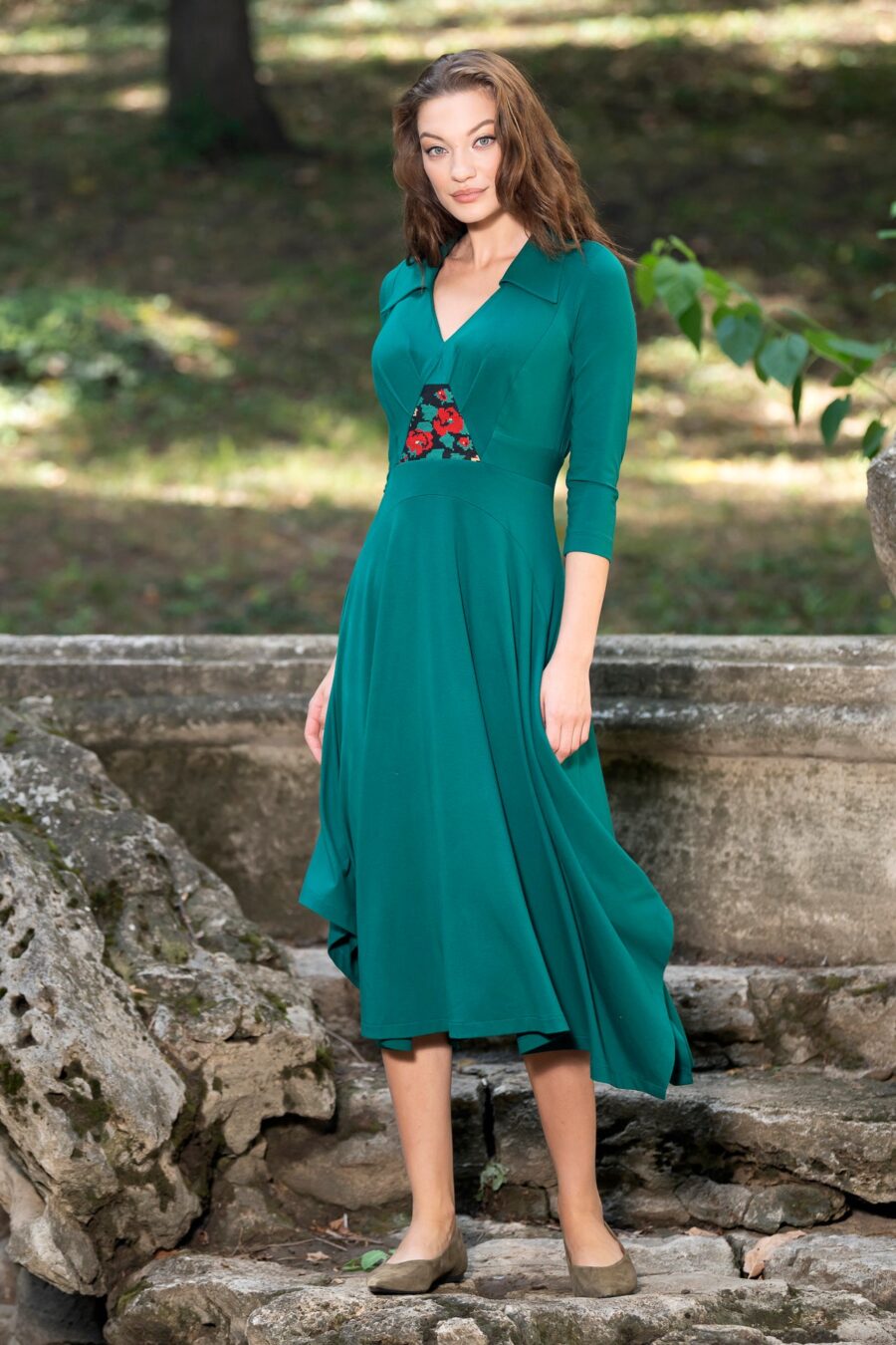 Rochia verde din jerseu cu guler și jacquard floral - IIANA