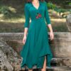 Rochia verde din jerseu cu guler și jacquard floral - IIANA