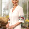 Rochia în clini albă din in cu broderie florală țesută - IIANA