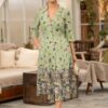 Rochie din in verde măsliniu cu bordură florală - IIANA