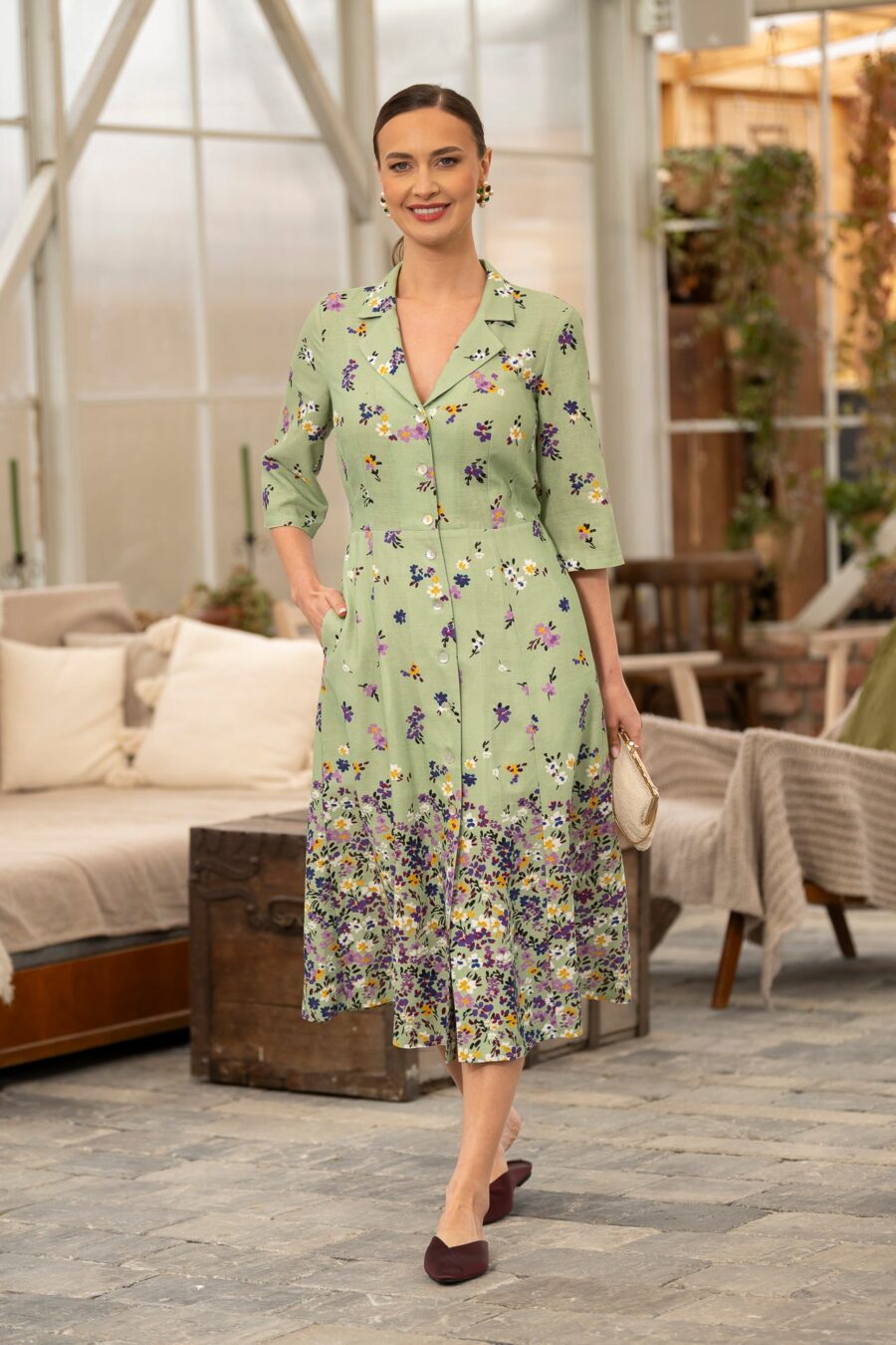 Rochie din in verde măsliniu cu bordură florală - IIANA