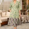 Rochie din in verde măsliniu cu bordură florală - IIANA