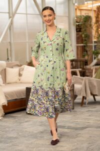 Rochie din in verde măsliniu cu bordură florală