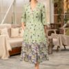 Rochie din in verde măsliniu cu bordură florală - IIANA