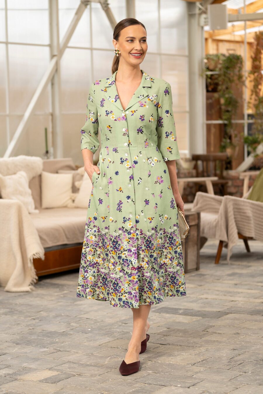 Rochie din in verde măsliniu cu bordură florală - IIANA