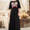 Rochie lungă neagră cu corset tradițional din jacquard țesut alb - IIANA