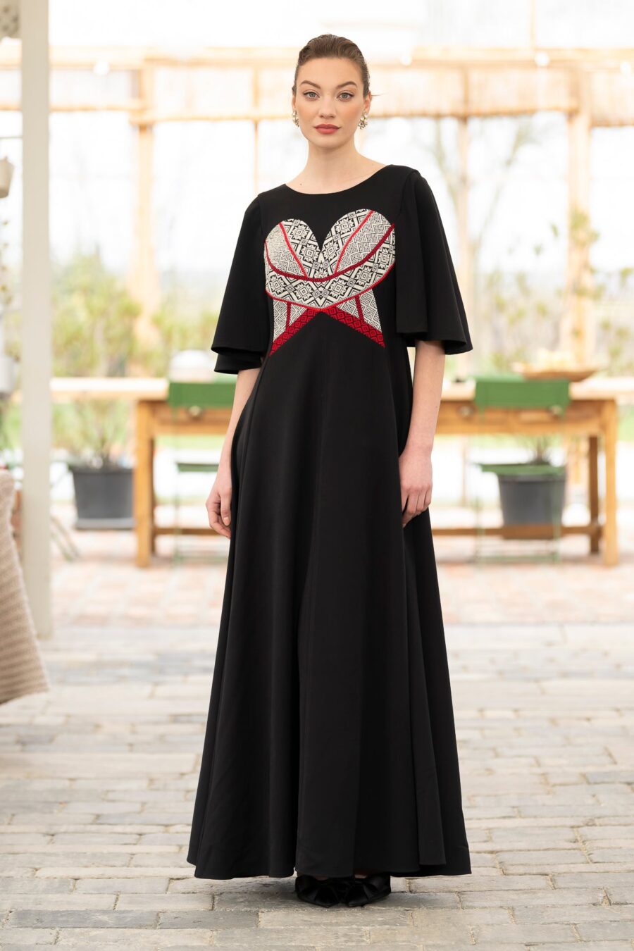 Rochie lungă neagră cu corset tradițional din jacquard țesut alb - IIANA