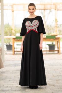 Rochie lungă neagră cu corset tradițional din jacquard țesut alb