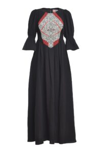 Rochia etno din muselină neagră și corset românesc din jacquard tradițional