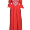 Rochia etno din muselină roșie și corset românesc din jacquard tradițional - IIANA