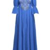 Rochia etno din muselină albastru regal și corset românesc din jacquard tradițional - IIANA