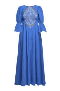 Rochia etno din muselină albastru regal și corset românesc din jacquard tradițional
