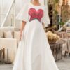 Rochie lungă albă cu corset tradițional din jacquard țesut roșu - IIANA