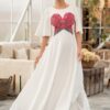 Rochie lungă albă cu corset tradițional din jacquard țesut roșu - IIANA