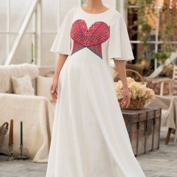 Rochie lungă albă cu corset tradițional din jacquard țesut roșu - IIANA