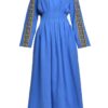Rochia modernă  din in albastru regal cu pense cusute manual și jacquard etnic - IIANA
