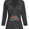 Cămașa neagră din poplin cu jacquard etnic țesut cu motive florale - IIANA