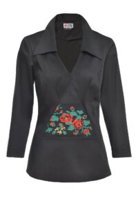 Cămașa neagră din poplin cu jacquard etnic țesut cu motive florale