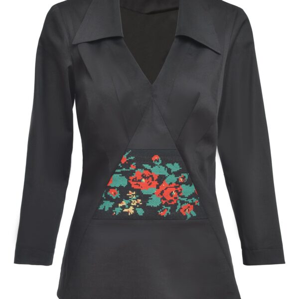 Cămașa neagră din poplin cu jacquard etnic țesut cu motive florale - IIANA