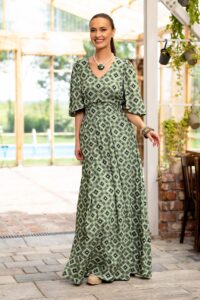 Rochie lungă din viscoză verde-măsliniu  cu motive tradiționale