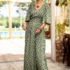 Rochie lungă din viscoză verde-măsliniu  cu motive tradiționale - IIANA
