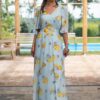 Rochie maxi din voal bleu ciel  cu imprimeu mediteranean cu lămâi - IIANA