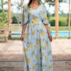 Rochie maxi din voal bleu ciel  cu imprimeu mediteranean cu lămâi - IIANA