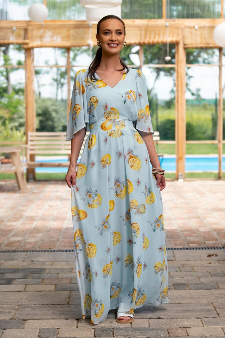 Rochie maxi din voal bleu ciel  cu imprimeu mediteranean cu lămâi - IIANA