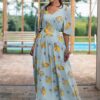 Rochie maxi din voal bleu ciel  cu imprimeu mediteranean cu lămâi - IIANA