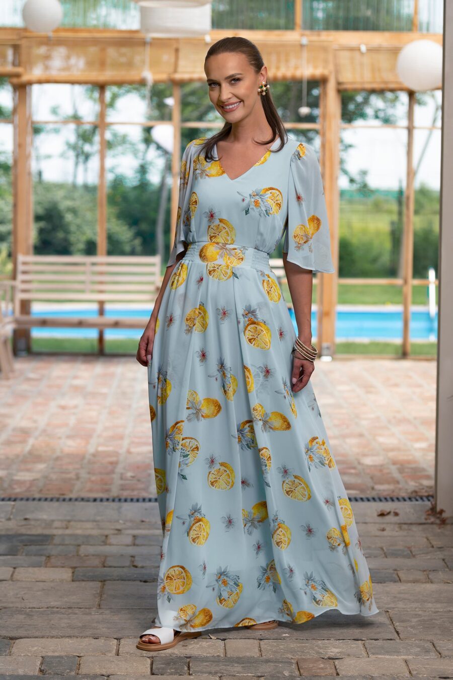 Rochie maxi din voal bleu ciel  cu imprimeu mediteranean cu lămâi - IIANA