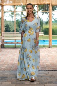 Rochie maxi din voal bleu ciel  cu imprimeu mediteranean cu lămâi