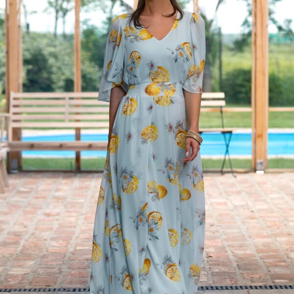 Rochie maxi din voal bleu ciel  cu imprimeu mediteranean cu lămâi - IIANA