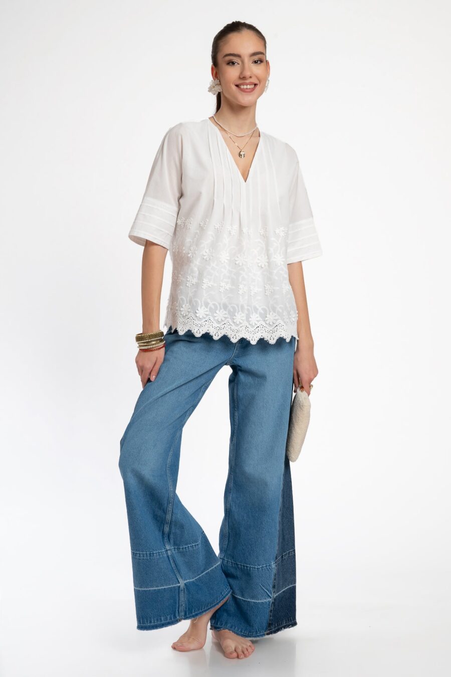Bluza kimono albă din batist de bumbac și broderie tridimensională - IIANA