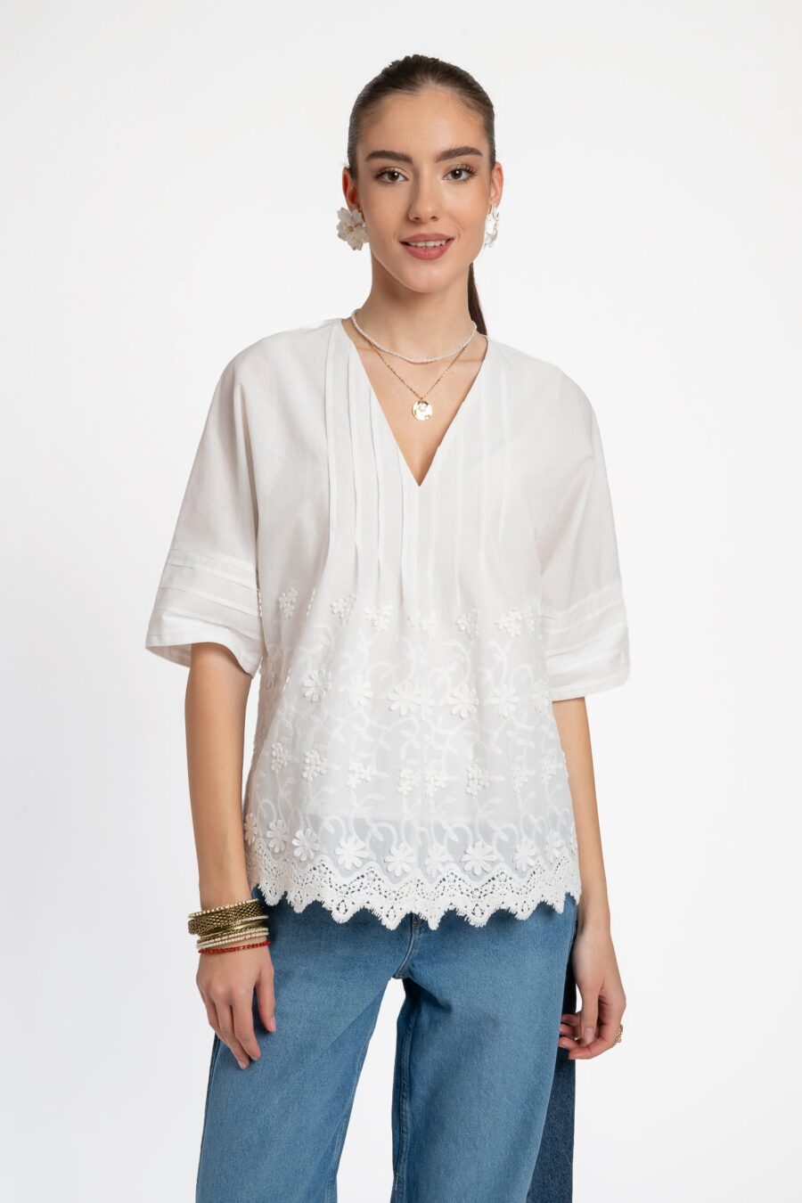 Bluza kimono albă din batist de bumbac și broderie tridimensională - IIANA