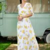 Rochie maxi din voal alb cu imprimeu mediteranean cu lămâi - IIANA