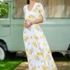 Rochie maxi din voal alb cu imprimeu mediteranean cu lămâi - IIANA